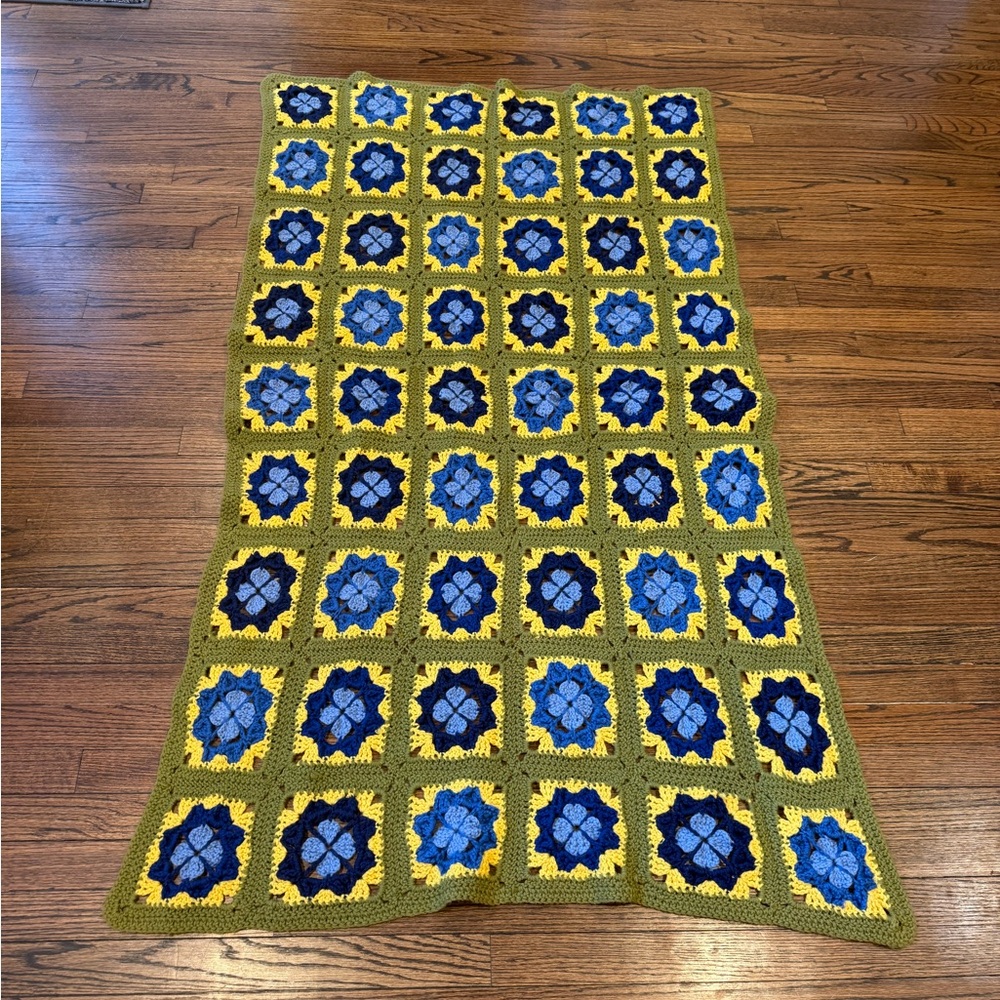 Handmade Crochet Blanket with Blue and Yellow Squares